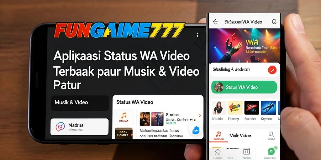 Screenshot aplikasi FUNGAME777 menampilkan pilihan video untuk status WA.
