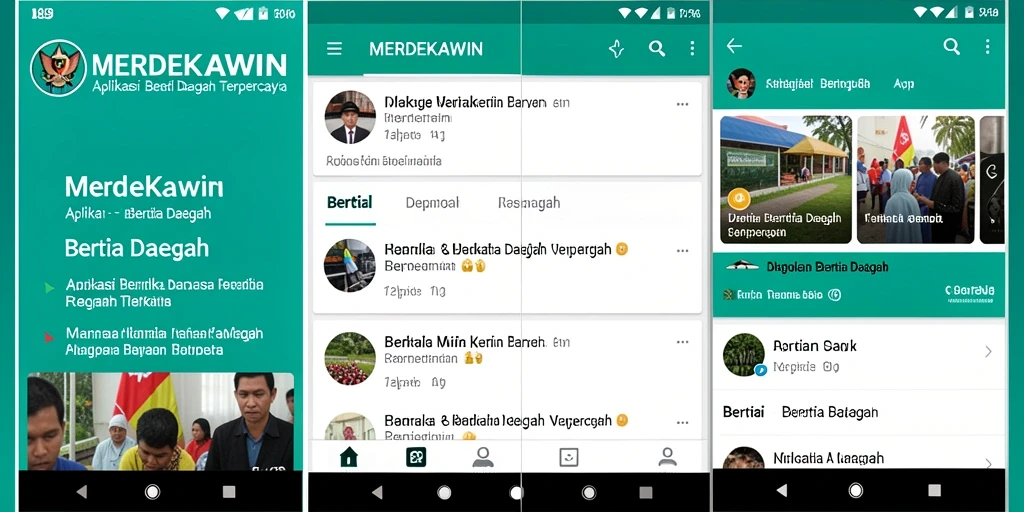 Antarmuka aplikasi MERDEKAWIN menampilkan berita daerah yang informatif.